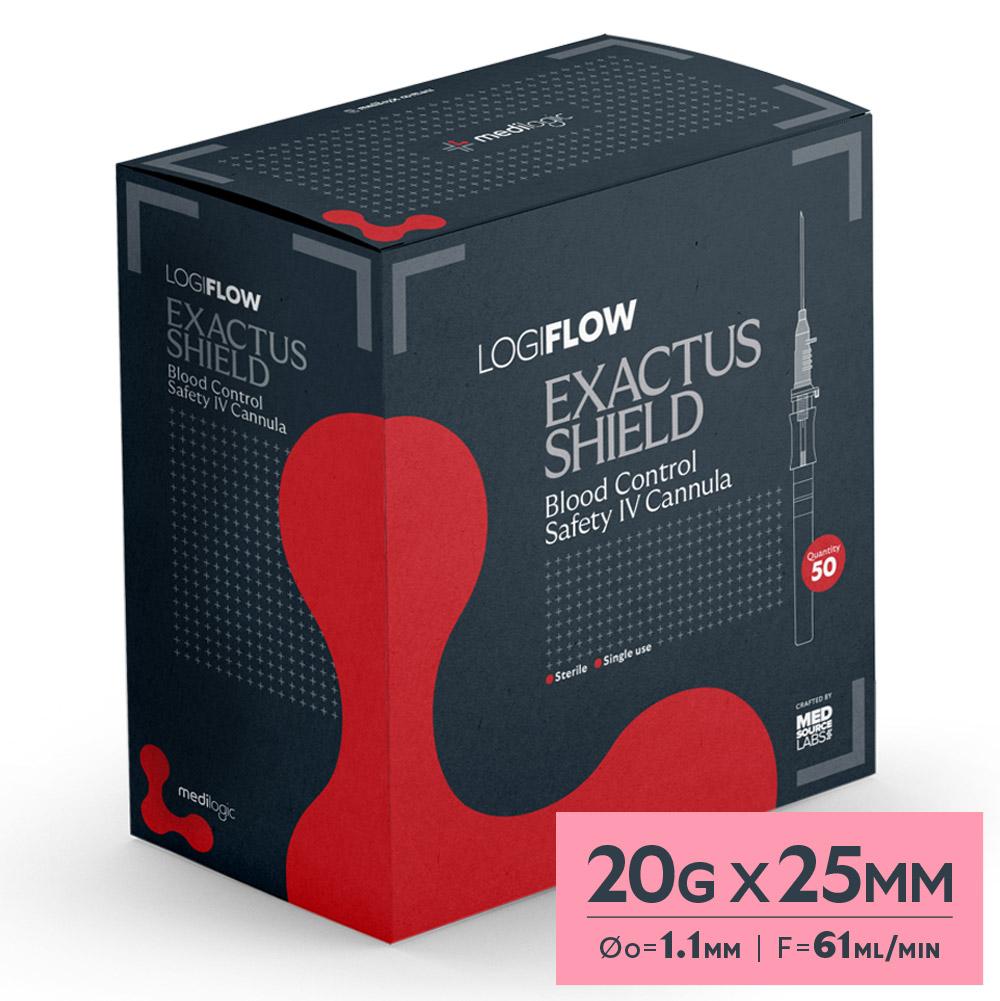 LOGIFLOW Exactus Shield BC Safety IV Cannula Pink 20G x 25mm - Box (50)