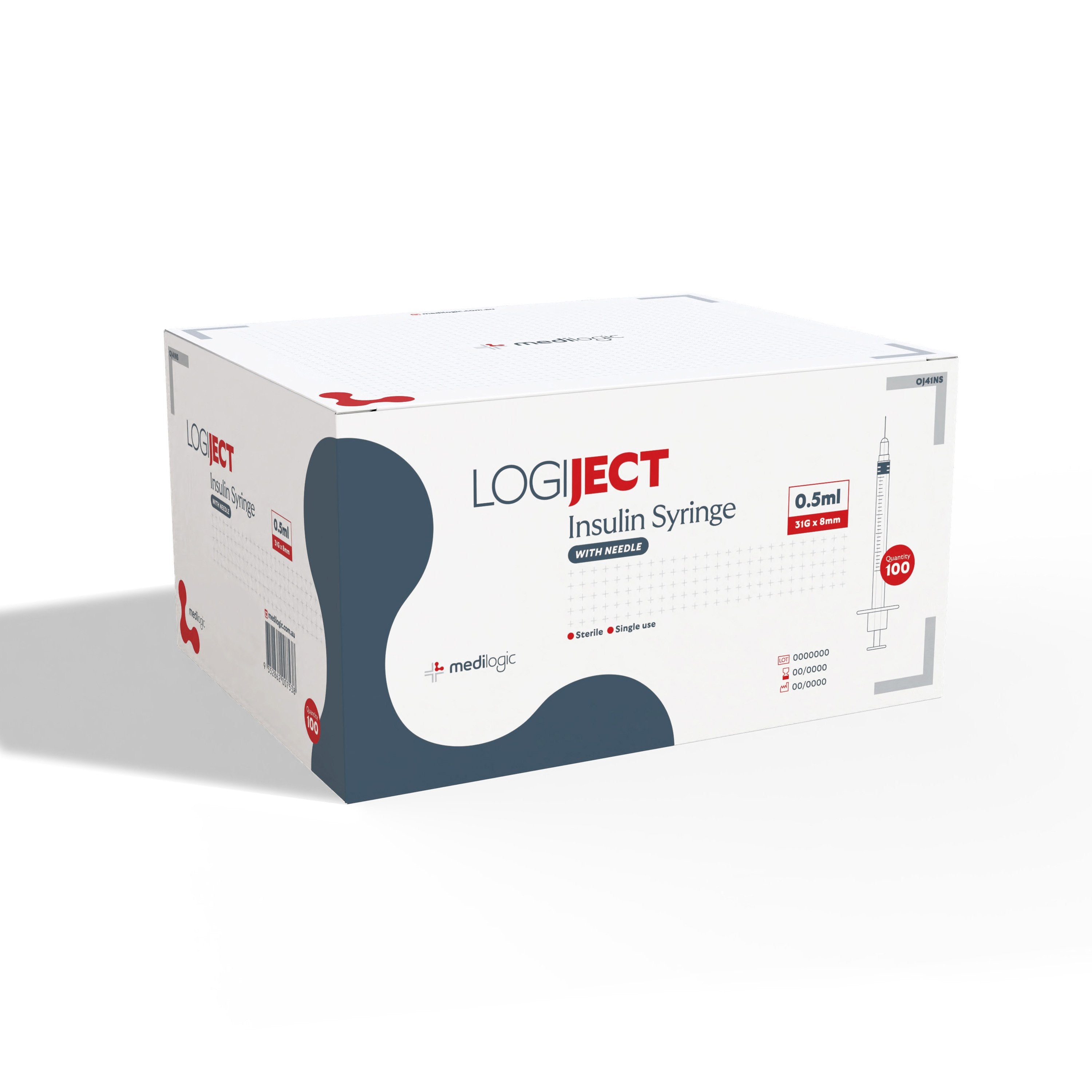 LOGIJECT Insulin Syringe with Needle 0.5ml 31G x 8mm - Box (100)