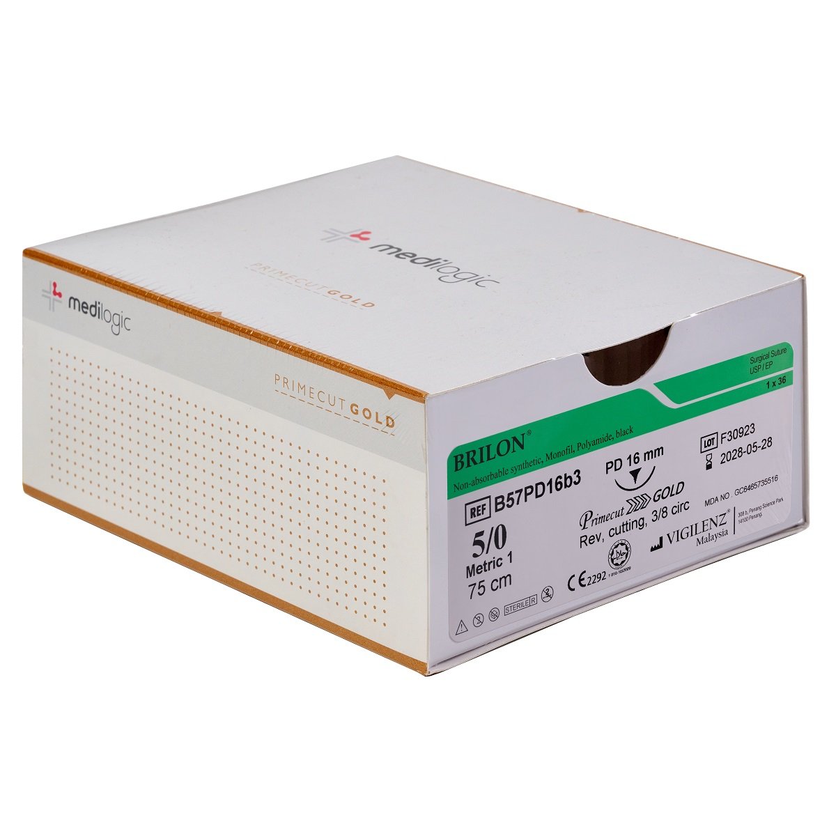 Vigilenz Brilon 5-0 16mm Primecut Gold PD Black 75cm Sutures - Box (36)