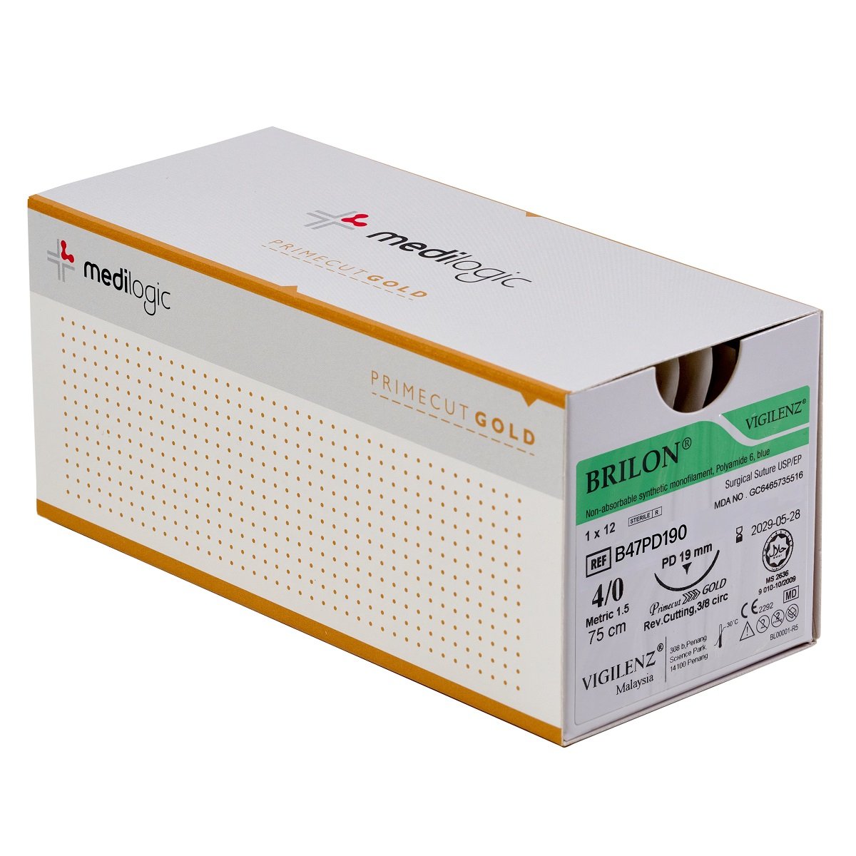 Vigilenz Brilon 4-0 19mm Primecut Gold PD Blue 75cm Sutures - Box (12)