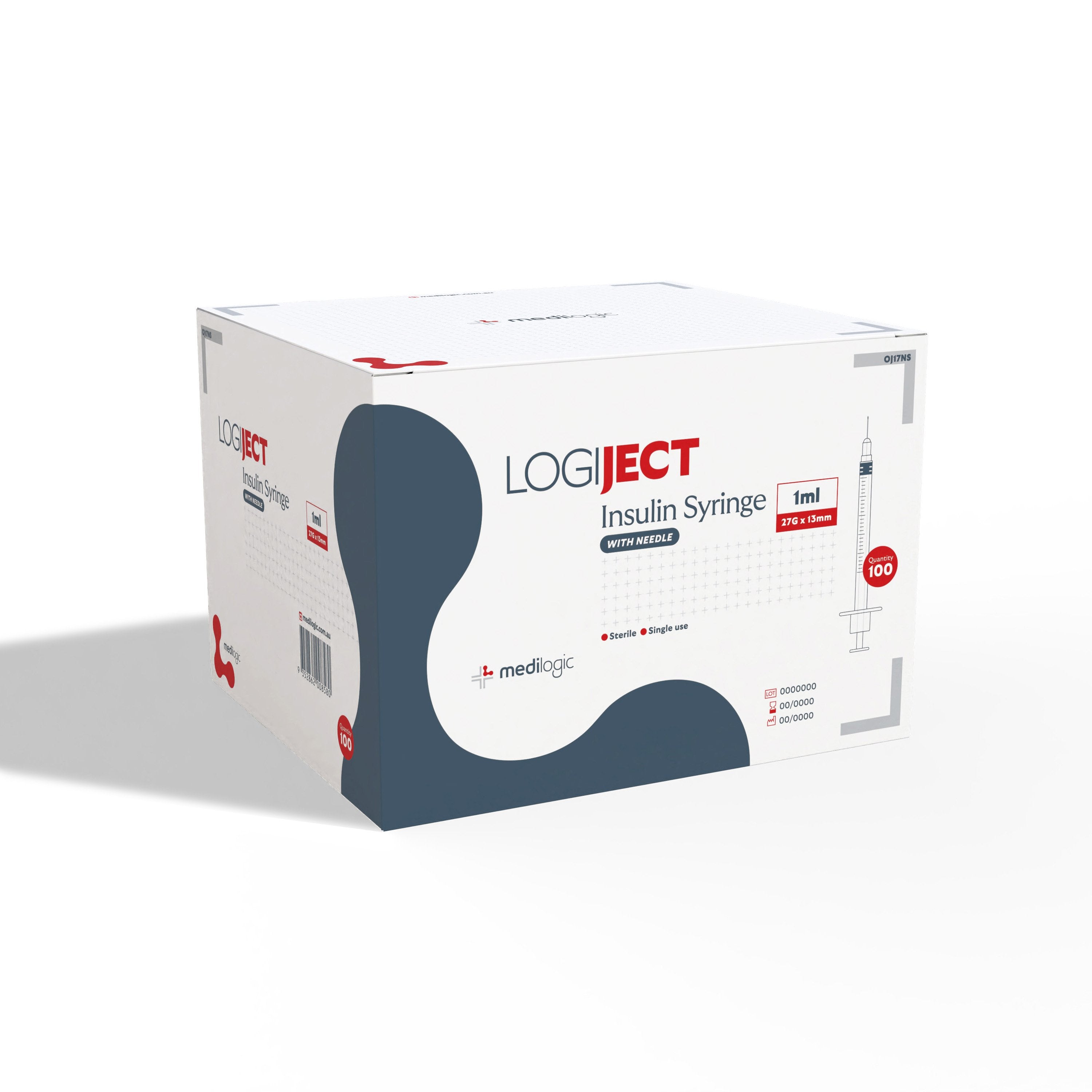 LOGIJECT Insulin Syringe with Needle 1ml 27G x 13mm - Box (100)