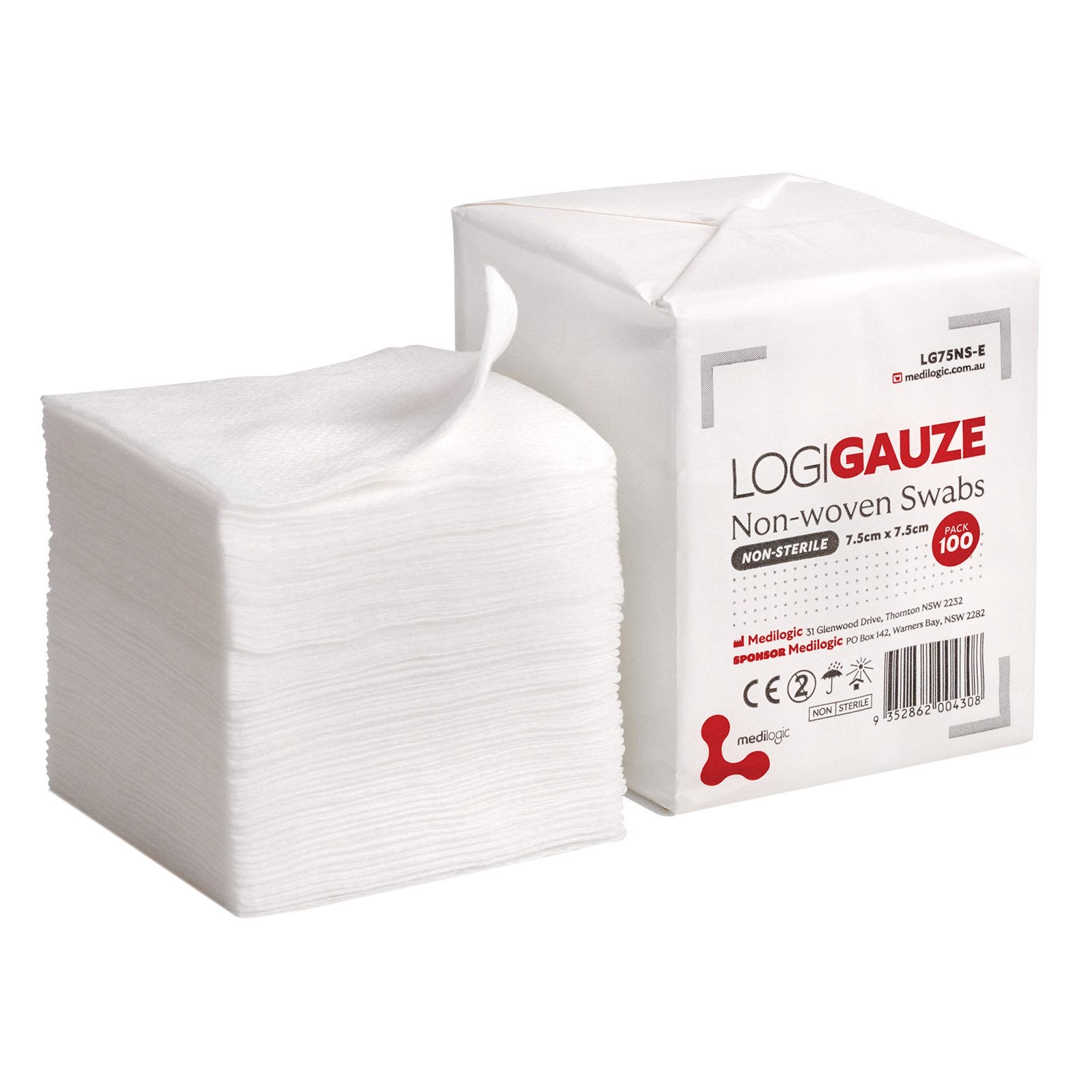LOGIGAUZE Non-Woven Swabs 7.5cm x 7.5cm Non-Sterile - Pack (100)