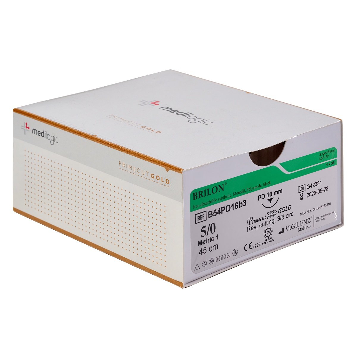 Vigilenz Brilon 5-0 16mm Primecut Gold PC Black 45cm Sutures - Box (36)