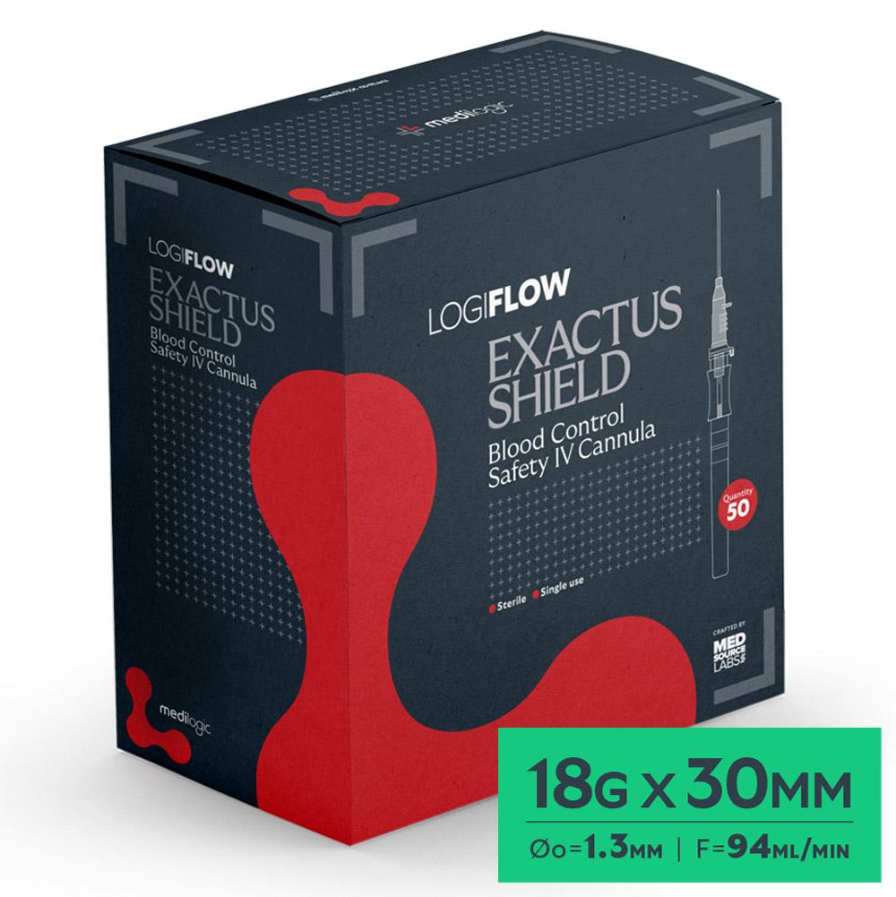 LOGIFLOW Exactus Shield BC Safety IV Cannula Green 18G x 30mm - Box (50)