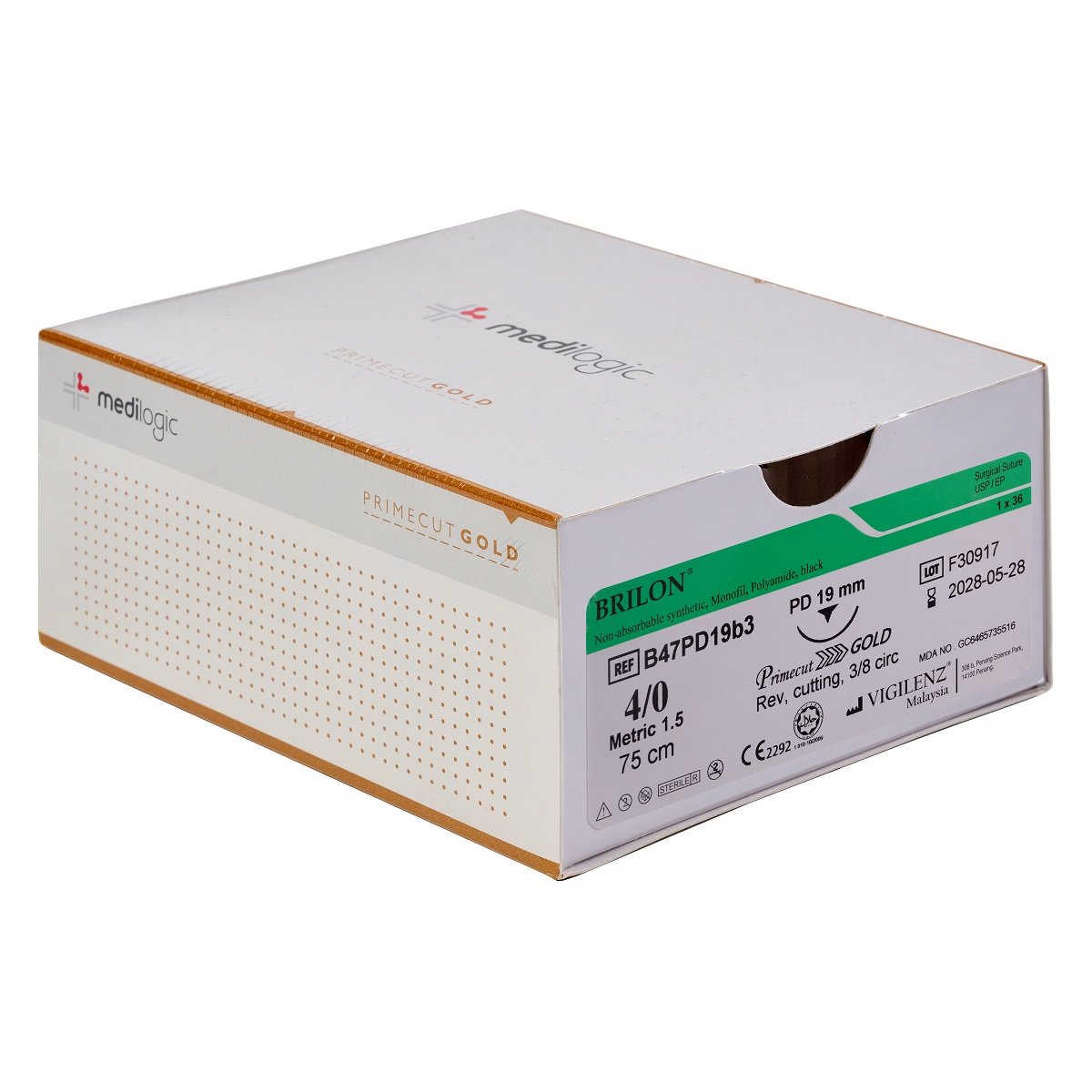 Vigilenz Brilon 4-0 19mm Primecut Gold PD Black 75cm Sutures - Box (36)