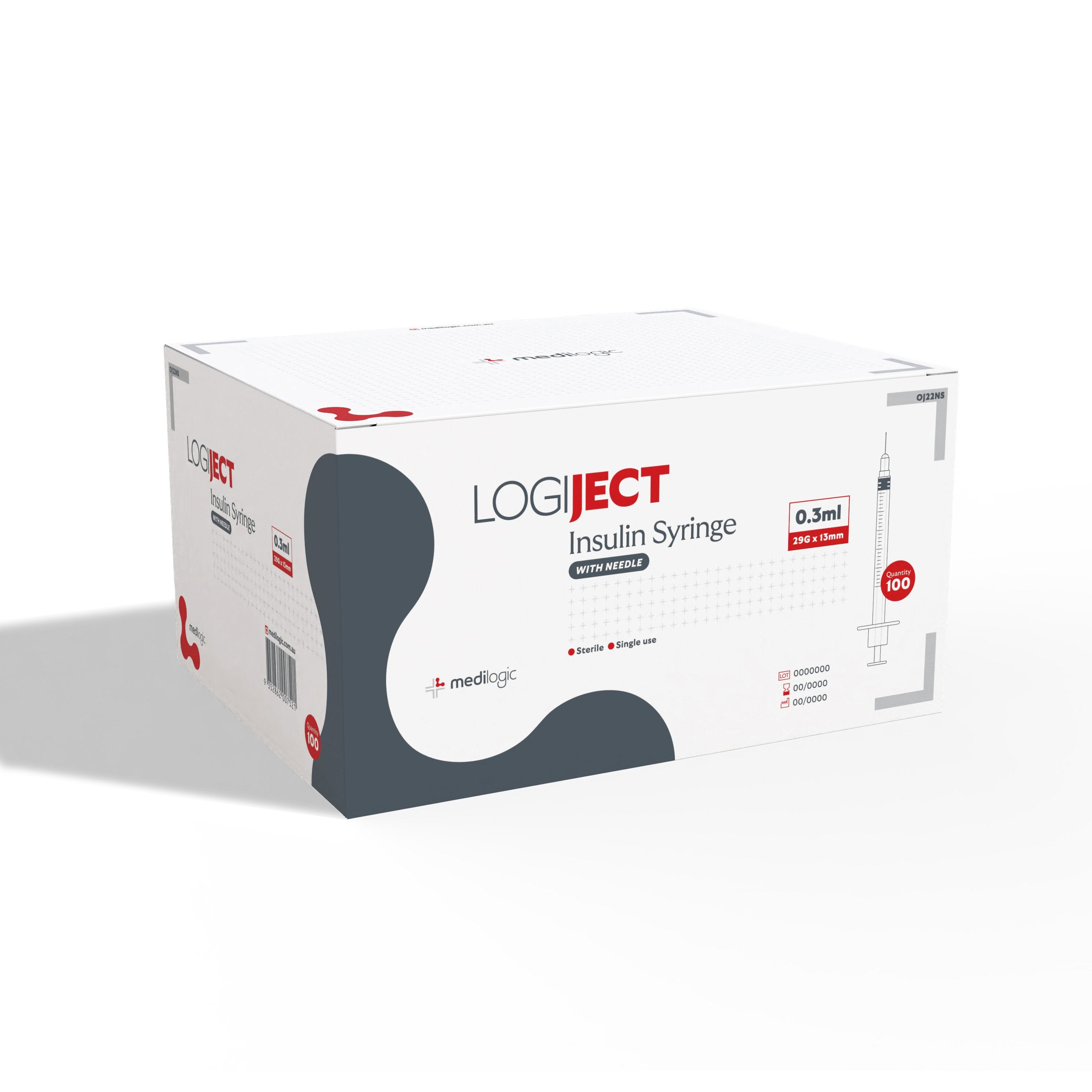 LOGIJECT Insulin Syringe with Needle 0.3ml 29G x 13mm - Box (100)