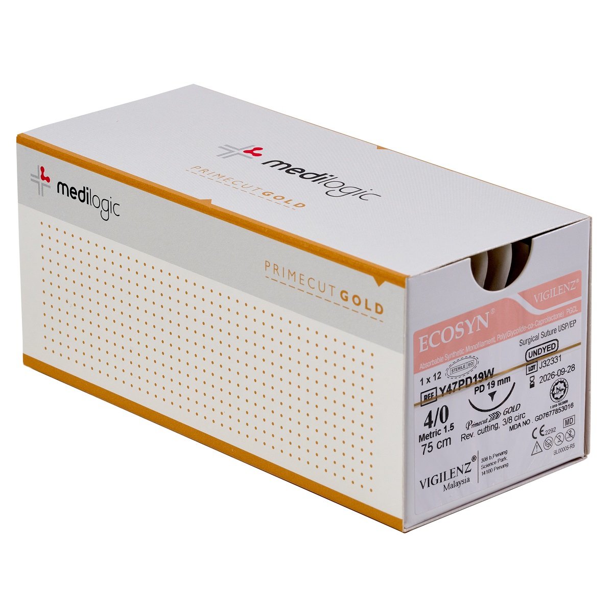 Vigilenz Ecosyn 4-0 19mm Primecut Gold PD 75cm UNDYED Sutures - Box (12)