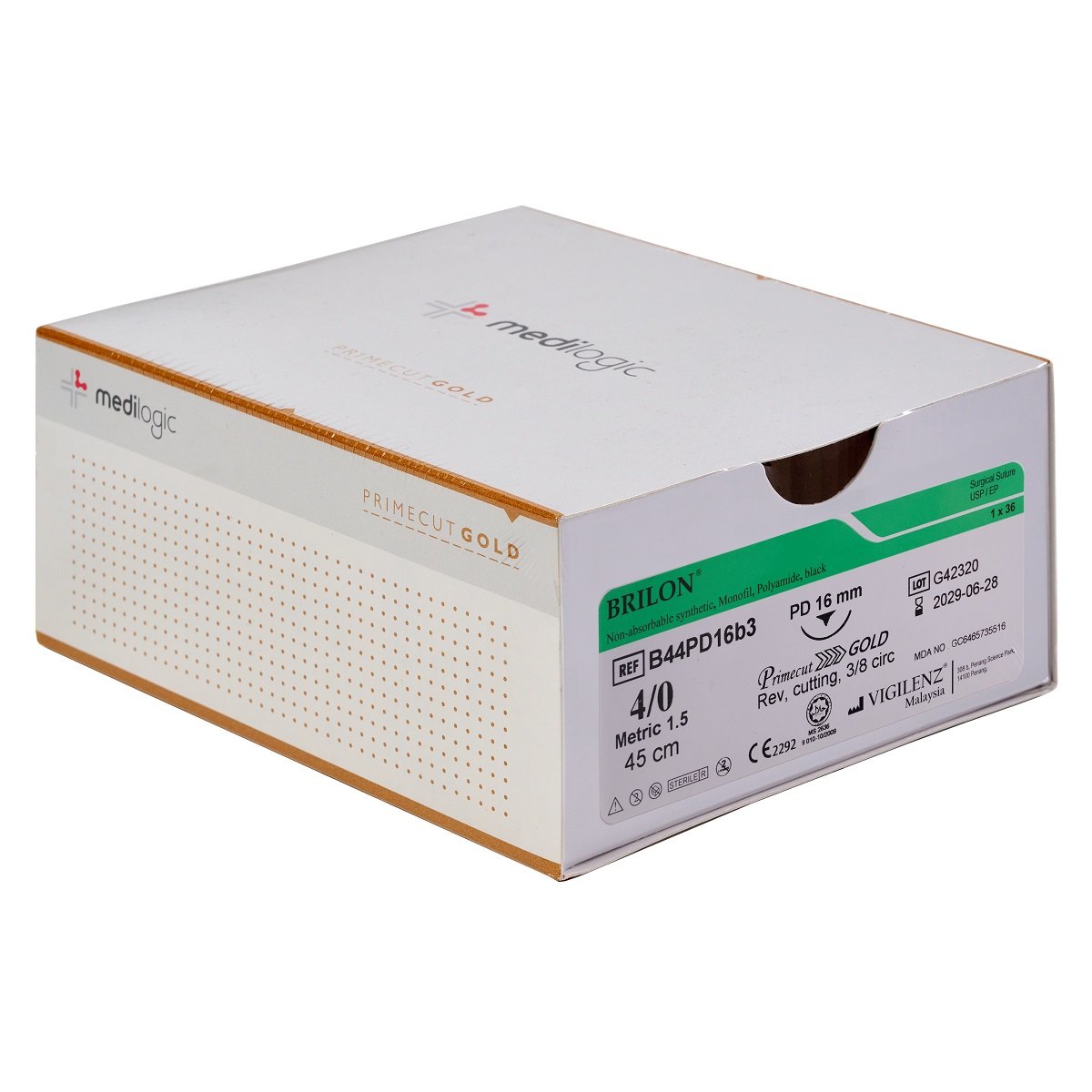 Vigilenz Brilon 4-0 16mm Primecut Gold PD Black 45cm Sutures - Box (36)