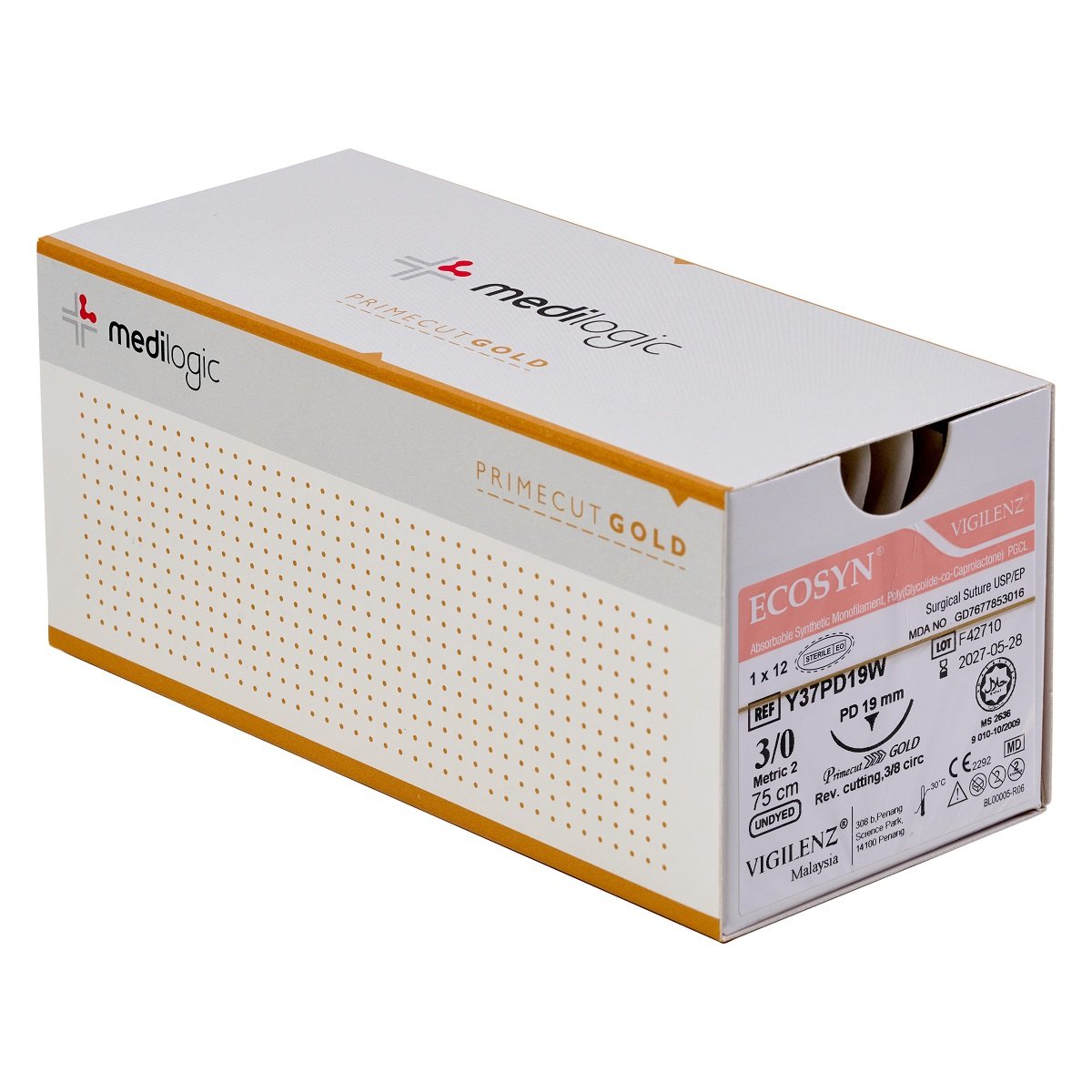 Vigilenz Ecosyn 3-0 19mm Primecut Gold PD 75cm UNDYED Sutures - Box (12)