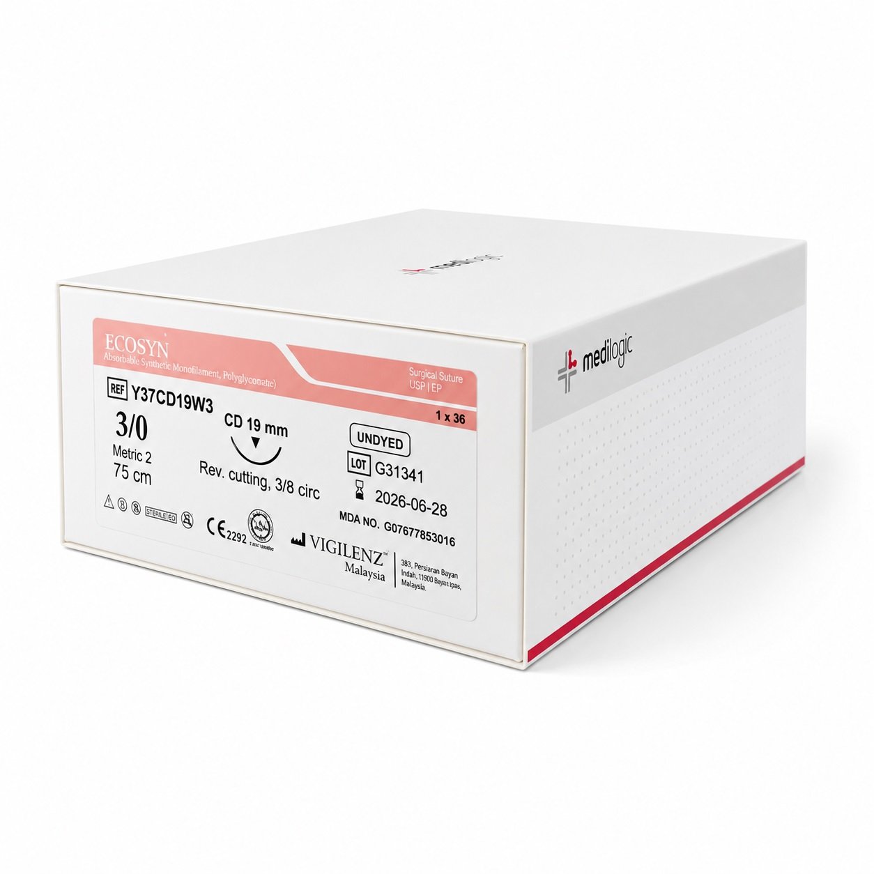 Vigilenz Ecosyn 3-0 19mm CD 75cm UNDYED Sutures - Box (36)