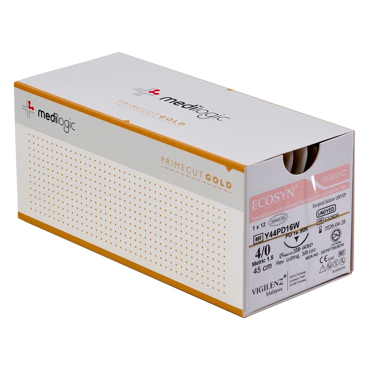 Vigilenz Ecosyn 4-0 16mm Primecut Gold PD 45cm UNDYED Sutures - Box (12)