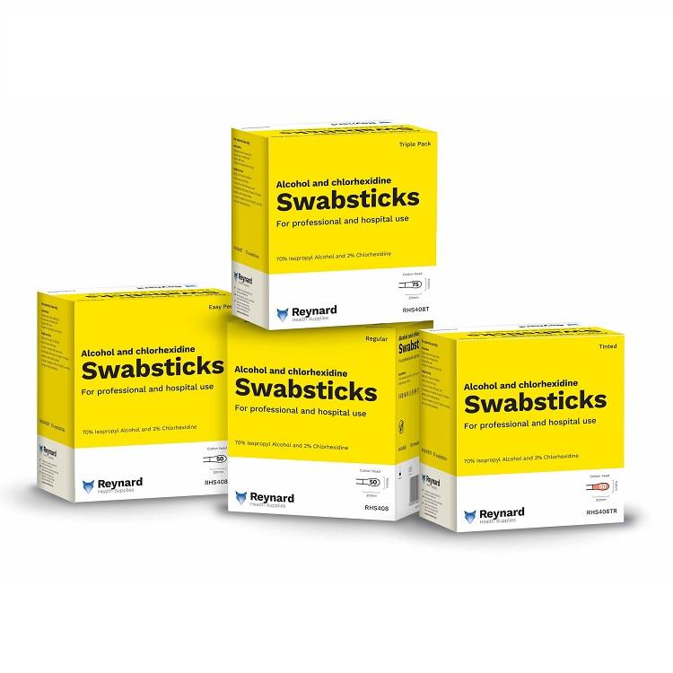 2% Chlorhexidine and 70% Isopropyl Alcohol Swab Sticks (Tinted Red) - Box (50)