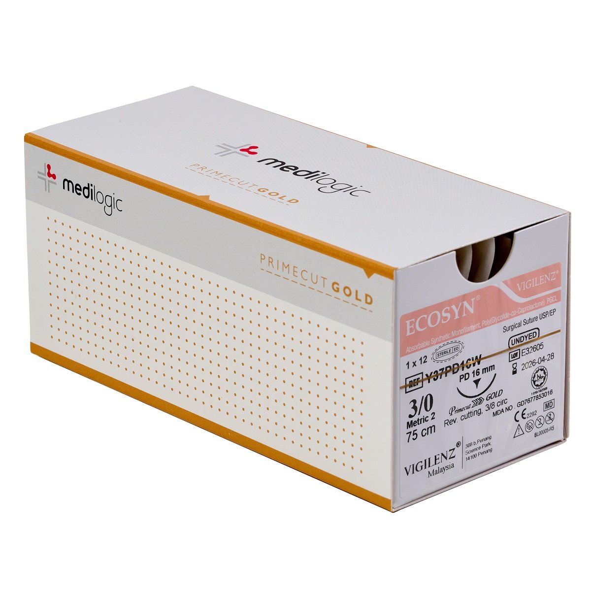 Vigilenz Ecosyn 3-0 16mm Primecut Gold PD 75cm UNDYED Sutures - Box (12)