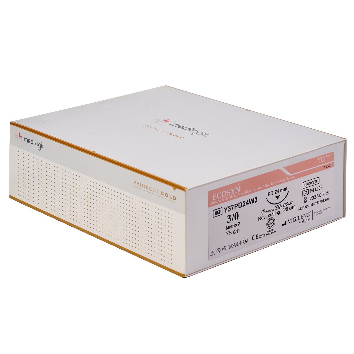 Vigilenz Ecosyn 3-0 24mm Primecut Gold PD 75cm UNDYED Sutures - Box (36)