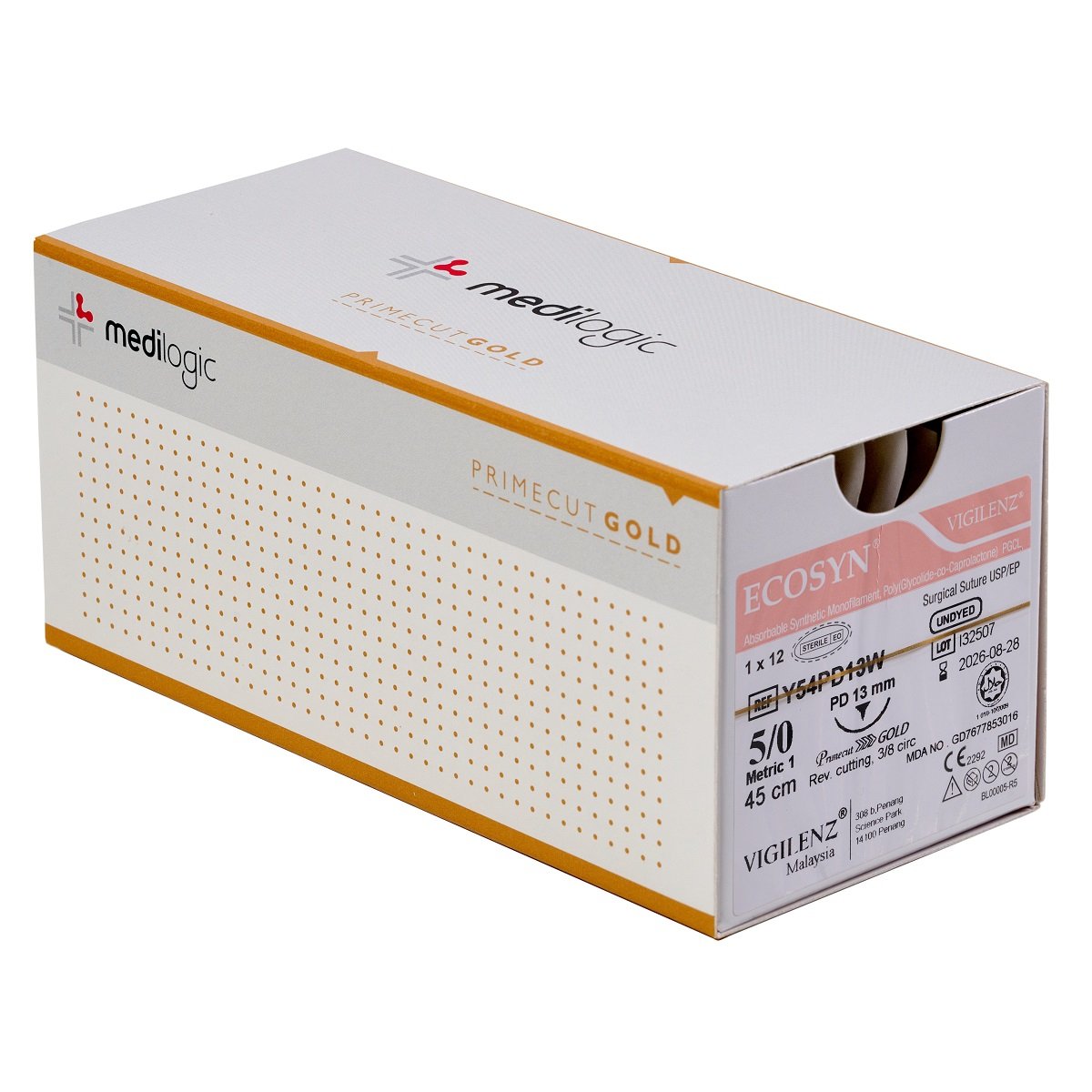Vigilenz Ecosyn 5-0 13mm Primecut Gold PD 45cm UNDYED Sutures - Box (12)