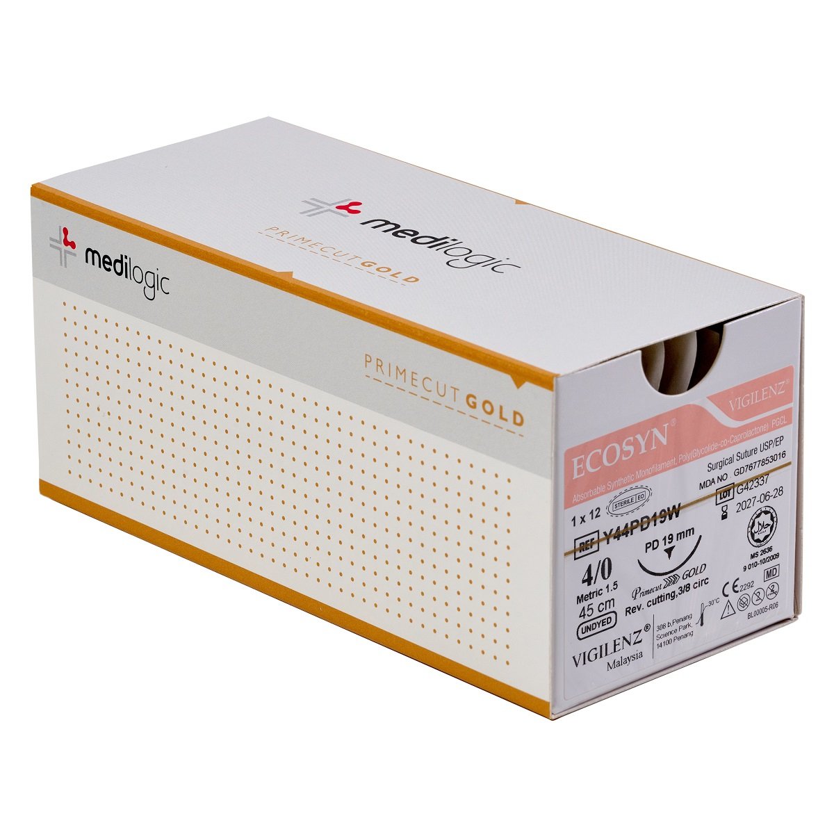 Vigilenz Ecosyn 4-0 19mm Primecut Gold PD 45cm UNDYED Sutures - Box (12)