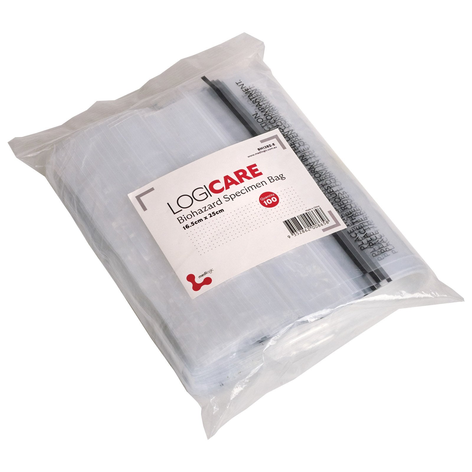 LOGICARE Biohazard Specimen Bags 16.5cm x 25cm - Pack (100)