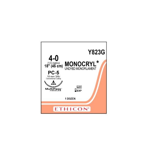 Monocryl (MCP823G) Absorbable Sutures Undyed 4-0 45cm PC-5 19mm - Box (12)