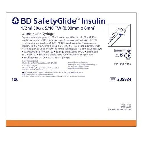 BD SafetyGlide Insulin Syringe 8mm x 30G 1/2 with TW Needle - Box (100) BD