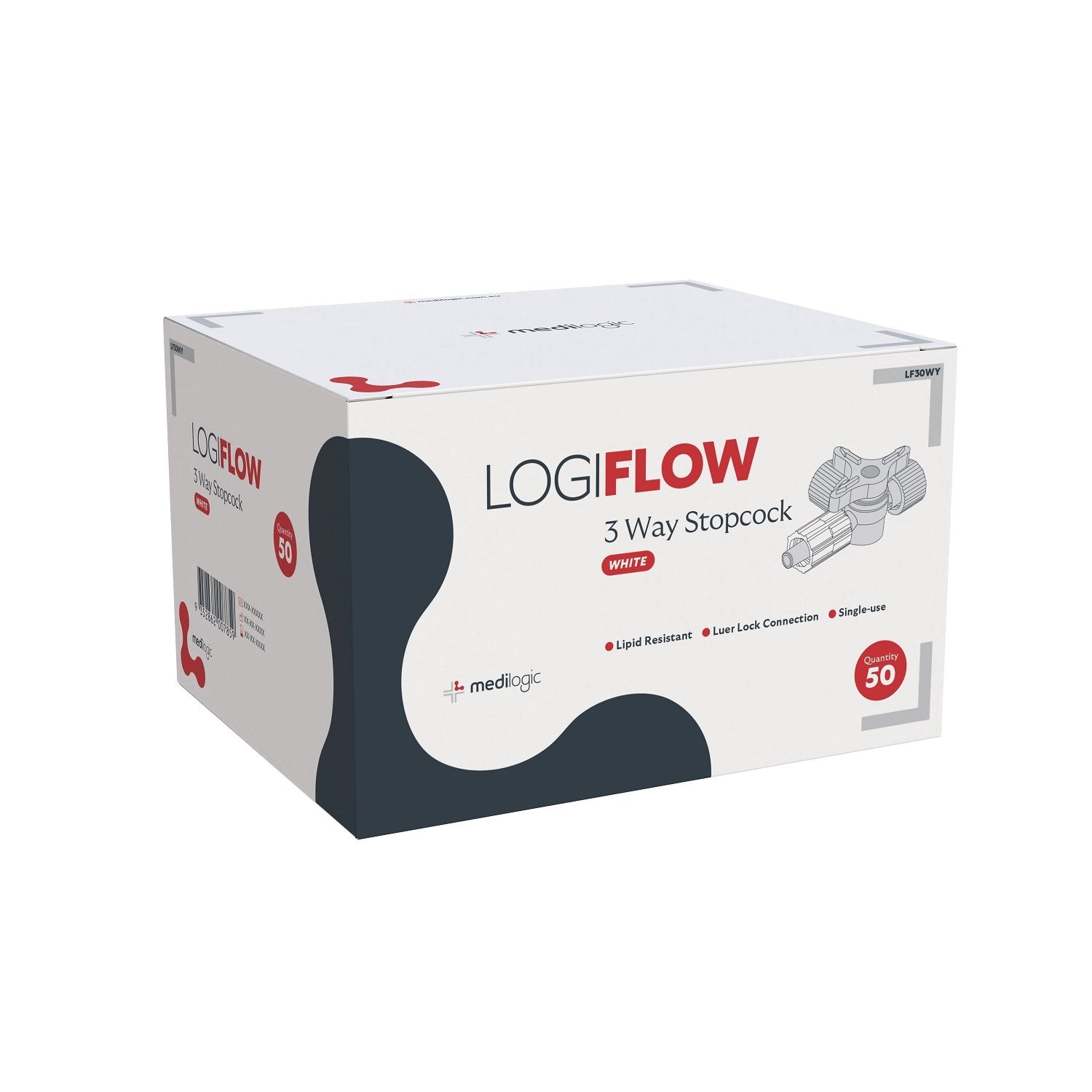 LOGIFLOW 3 Way Stopcock Lipid Resistant White - Box (50)
