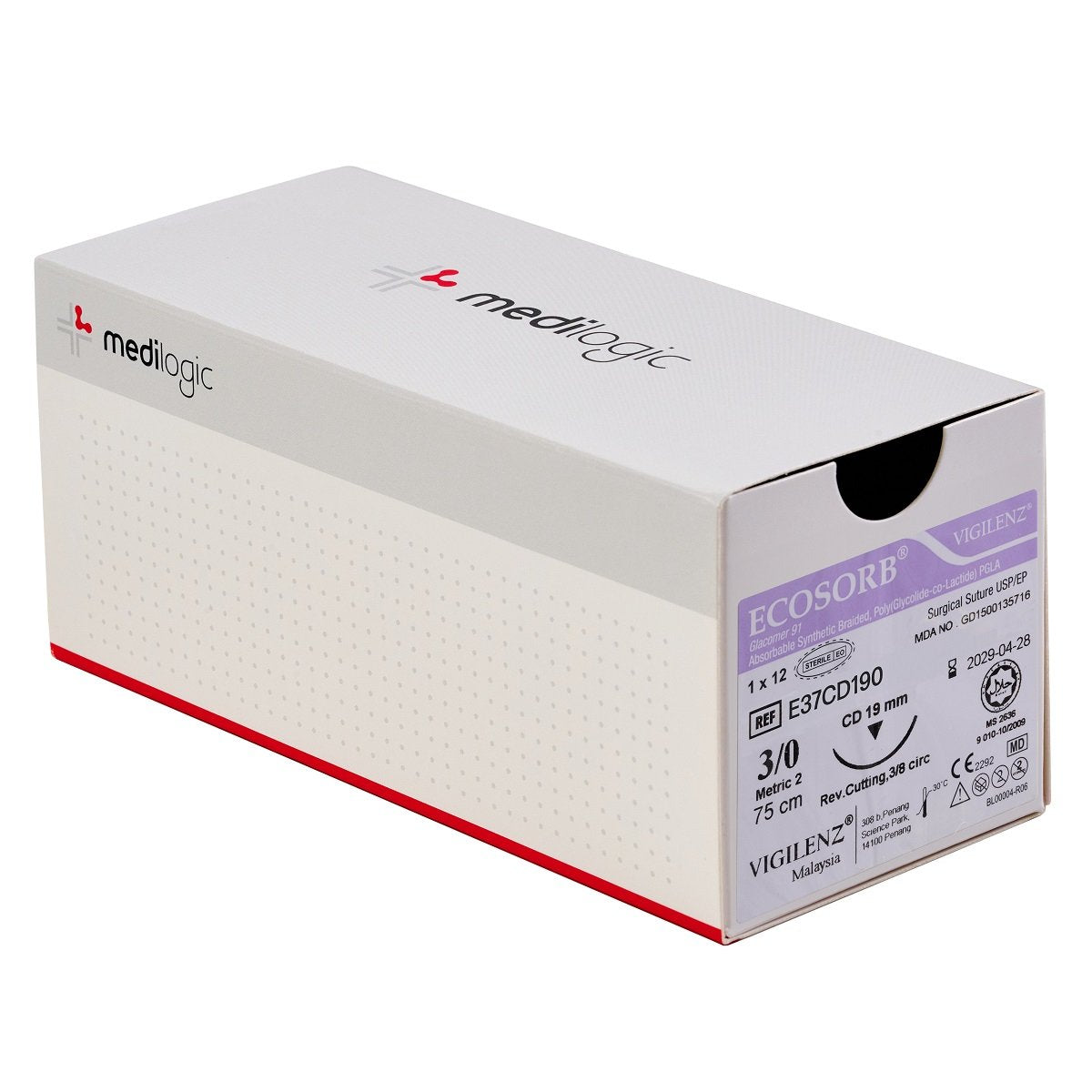 Vigilenz Ecosorb 3-0 19mm CD 75cm Violet Sutures - Box (12)