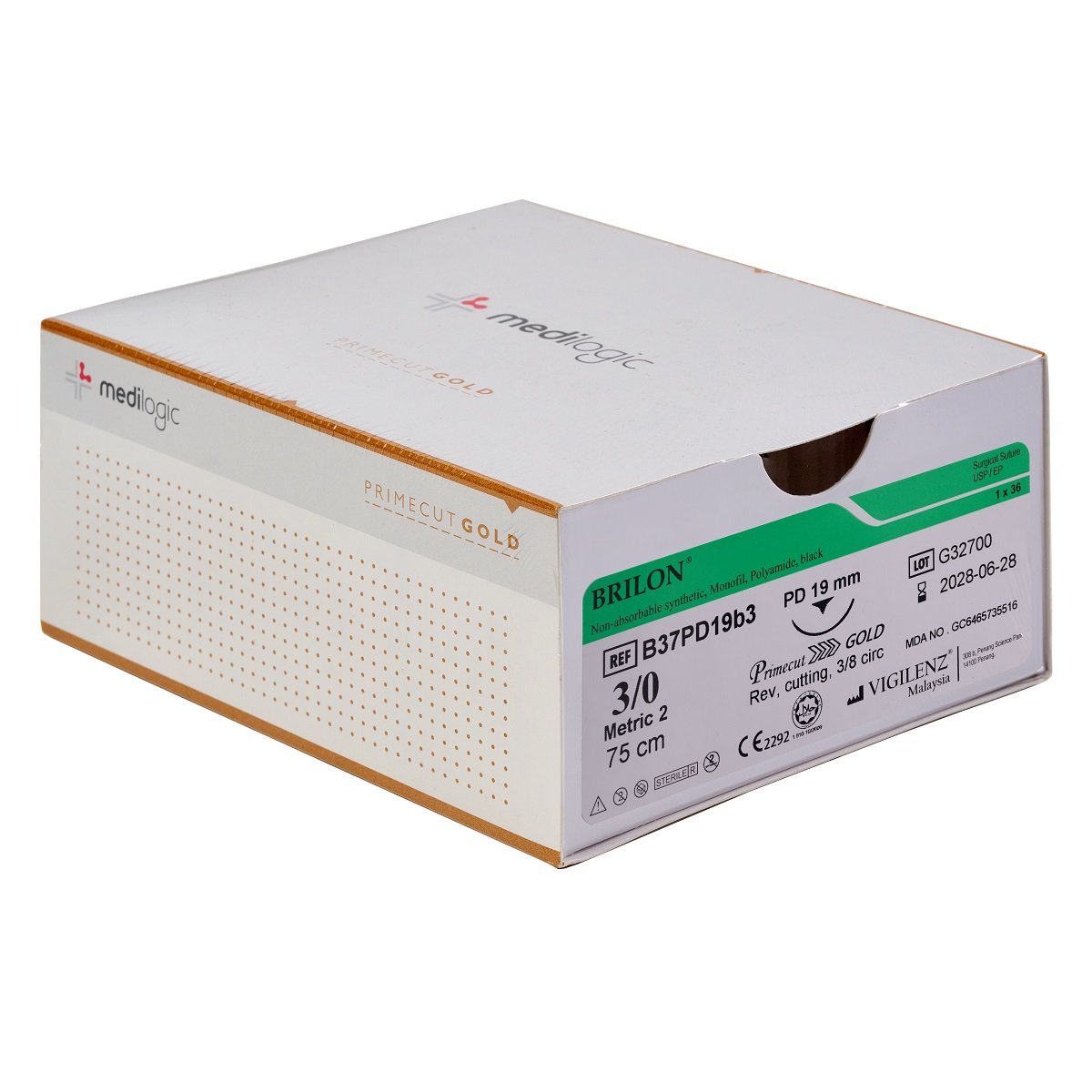 Vigilenz Brilon 3-0 19mm Primecut Gold PD Black 75cm Sutures - Box (36)