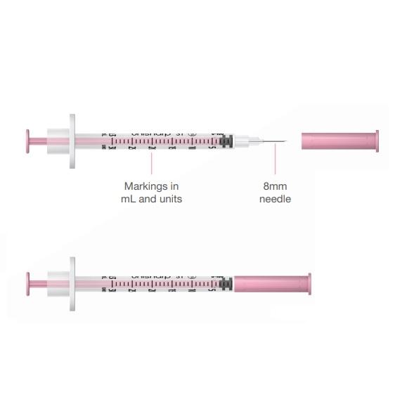 Terumo Unisharp 0.3mL Fixed Needle Syringe 31G x 8mm with Pink Plunger - Box (100)