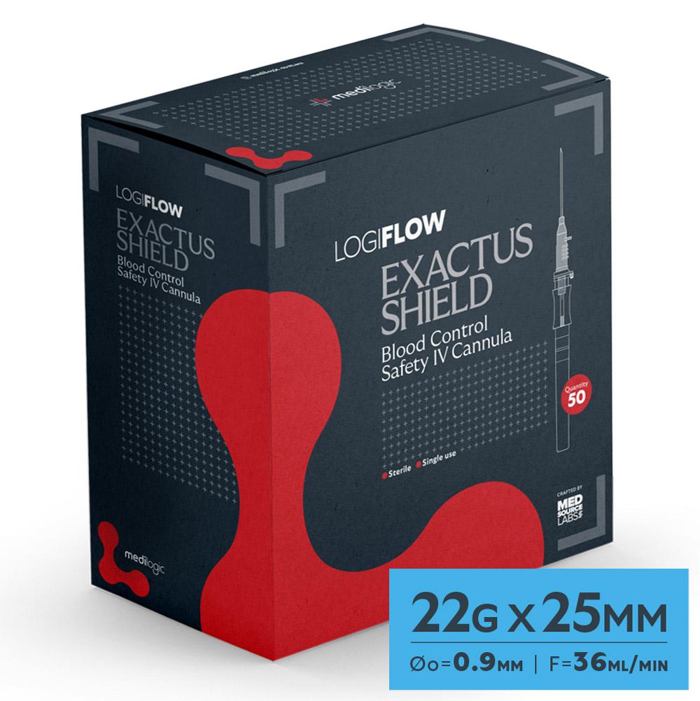 LOGIFLOW Exactus Shield BC Safety IV Cannula Blue 22G x 25mm - Box (50)
