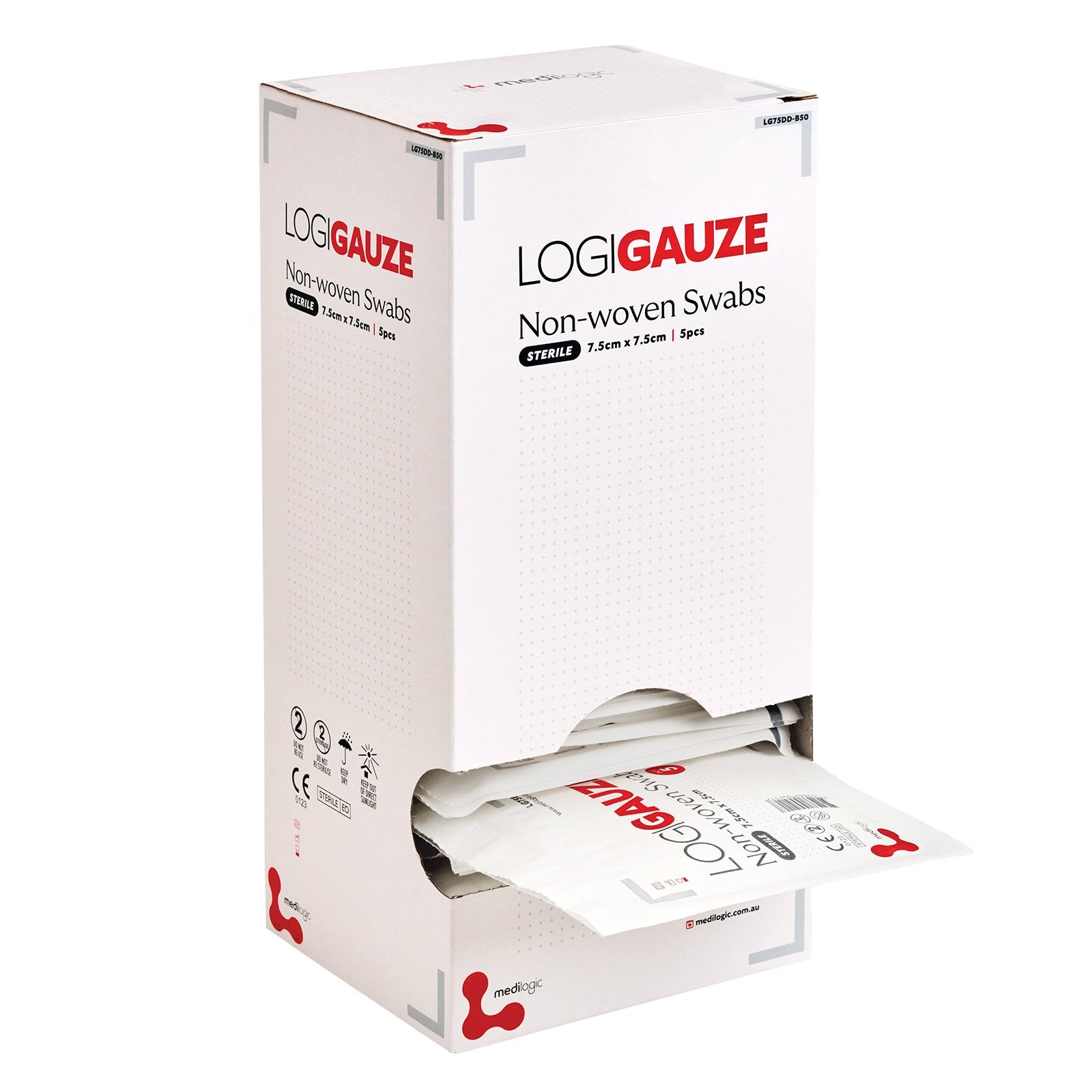 LOGIGAUZE Sterile Non-Woven Swabs 7.5cm x 7.5cm x 5 - Dispenser Box (50)
