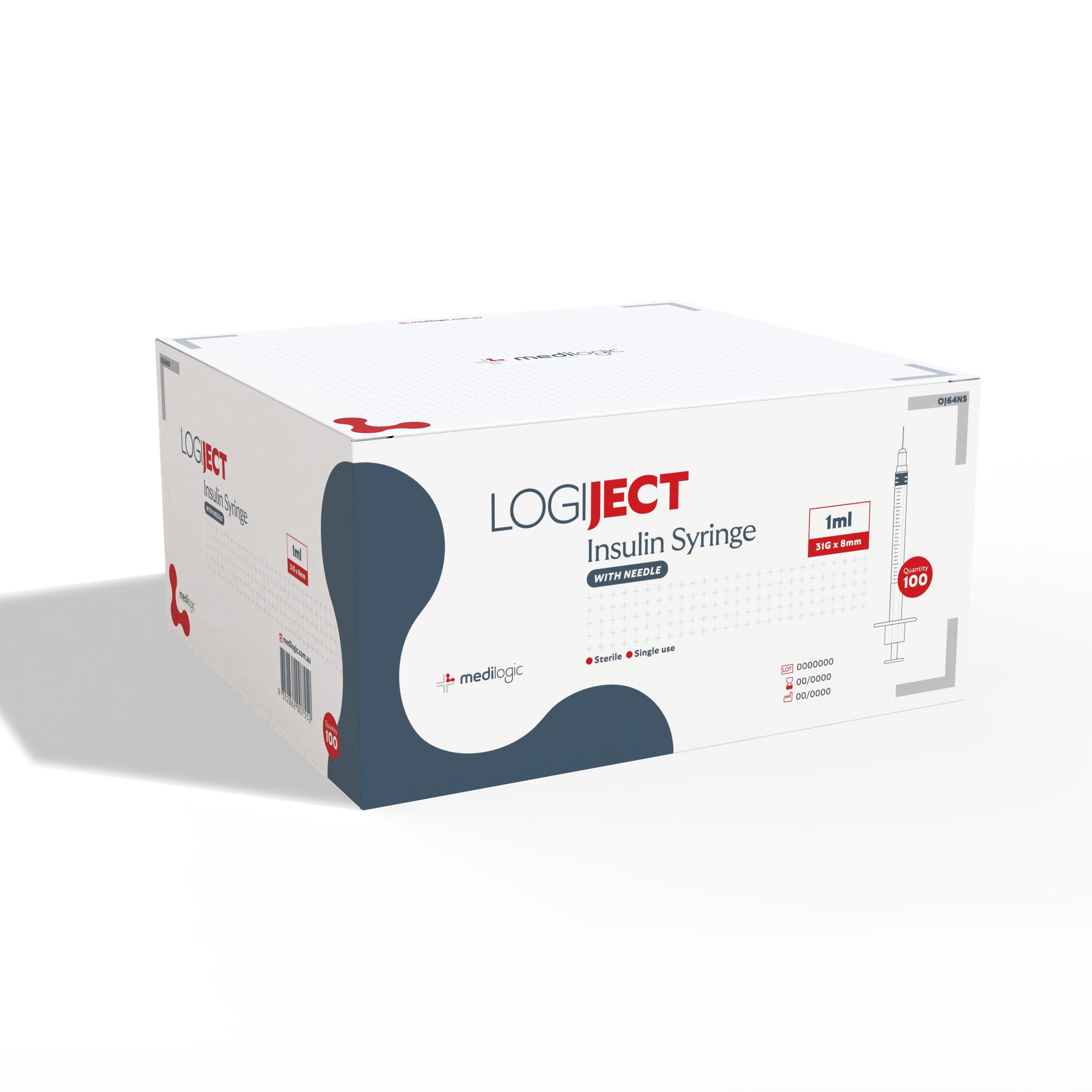 LOGIJECT Insulin Syringe with Needle 1ml 31G x 8mm - Box (100)