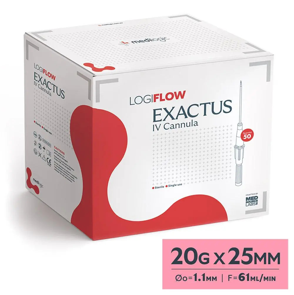 LOGIFLOW Exactus IV Cannula Pink 20G x 25mm - Box (100) Medilogic