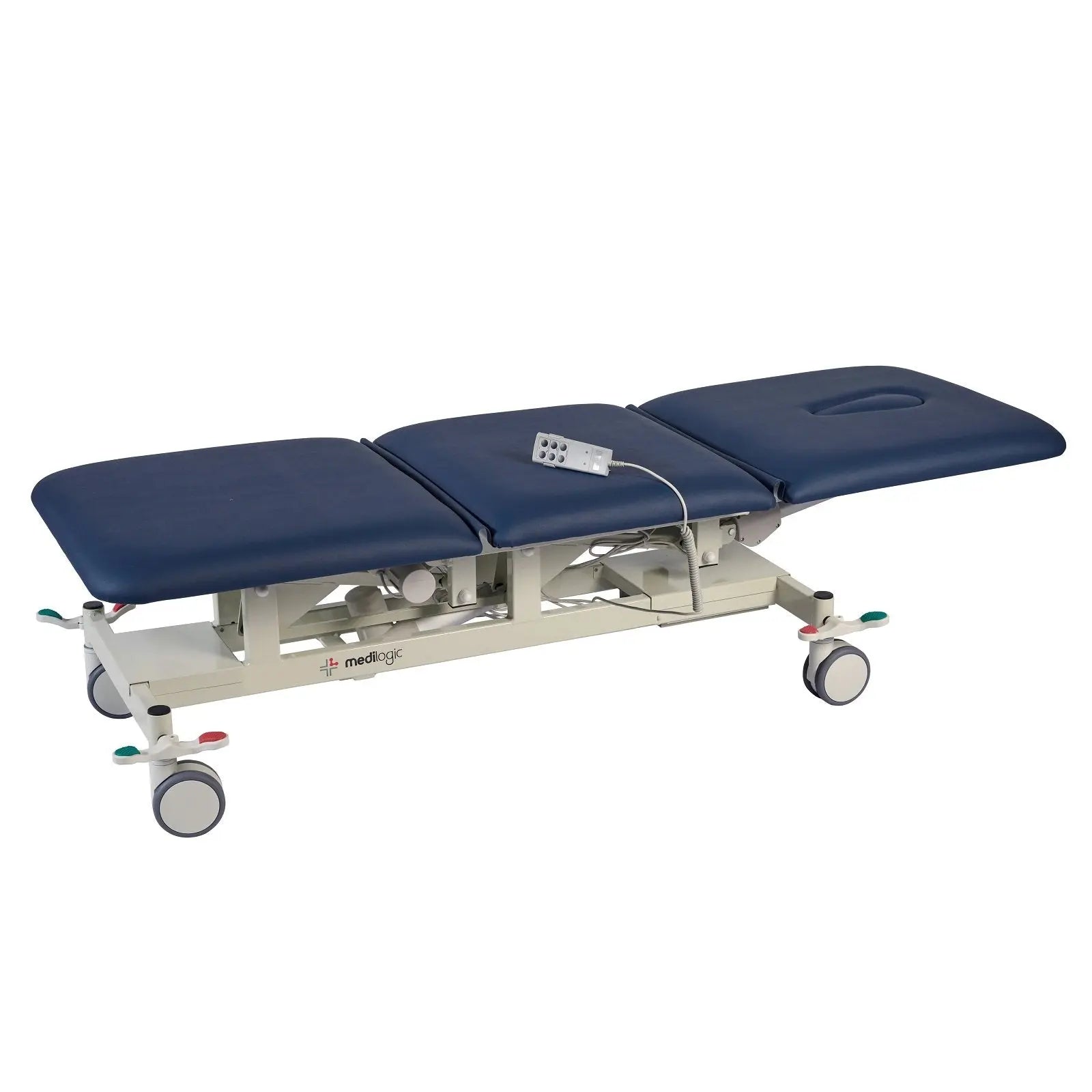 Medilogic Deluxe 3 Section Full Electric Couch with Central Locking Castors Navy Blue Medilogic