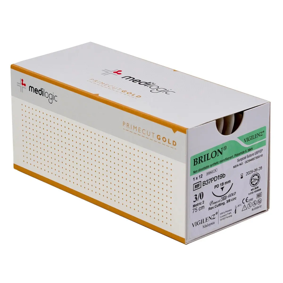 Vigilenz Brilon 3-0 19mm Primecut Gold PD Black 75cm Sutures - Box (12) Vigilenz