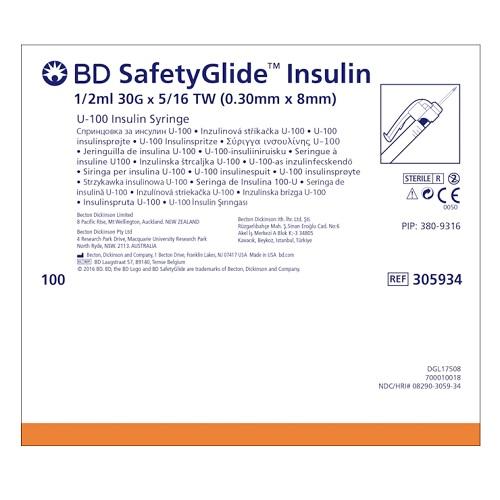 BD SafetyGlide Insulin Syringe 8mm x 30G 1/2 with TW Needle - Box (100)