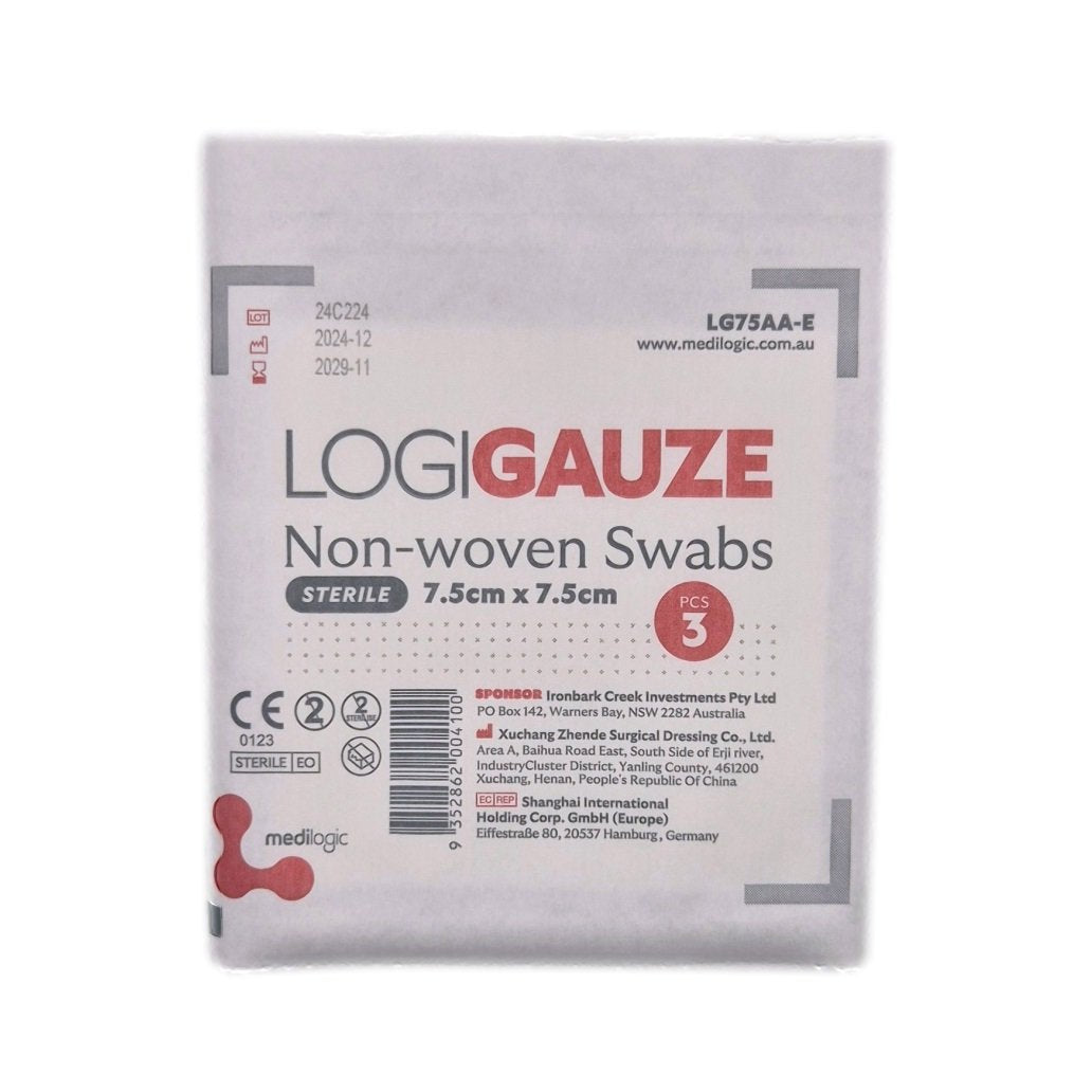 LOGIGAUZE Sterile Non-Woven Swabs 7.5cm x 7.5cm x 3 - Pack (100)
