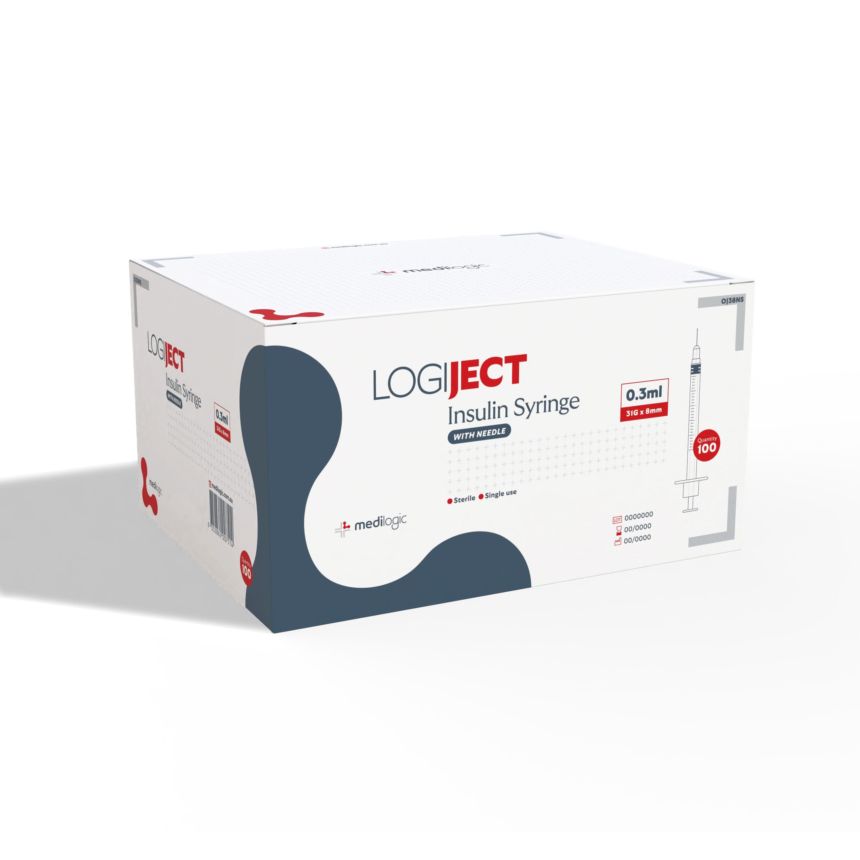 LOGIJECT Insulin Syringe with Needle 0.3ml 31G x 8mm - Box (100)